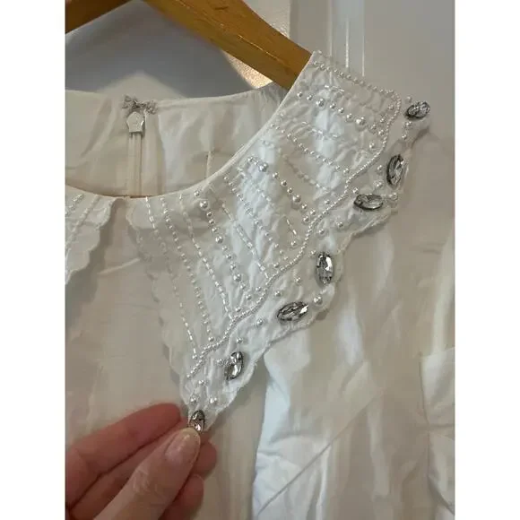 Anthropologie BHLDN Pearl Crystal Collar Puff Sleeve Ivory Mini Dress M